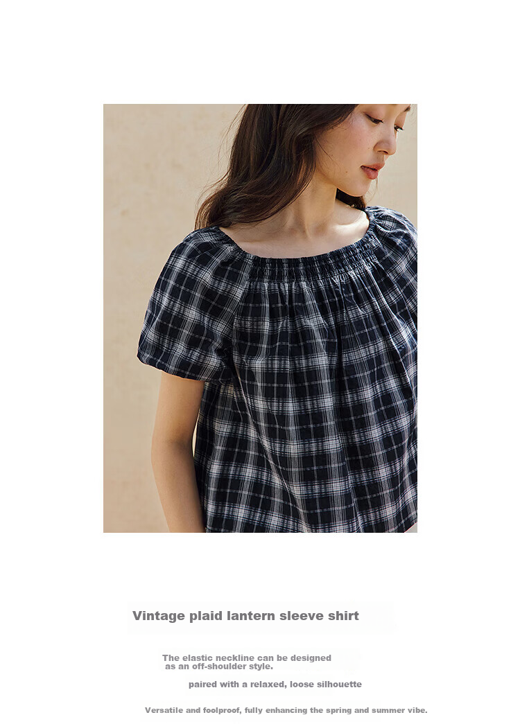 INMAN 100% Xinjiang Cotton Vintage Plaid Lantern Sleeve Shirt 2026 Summer Women's Off-Shoulder Top 3